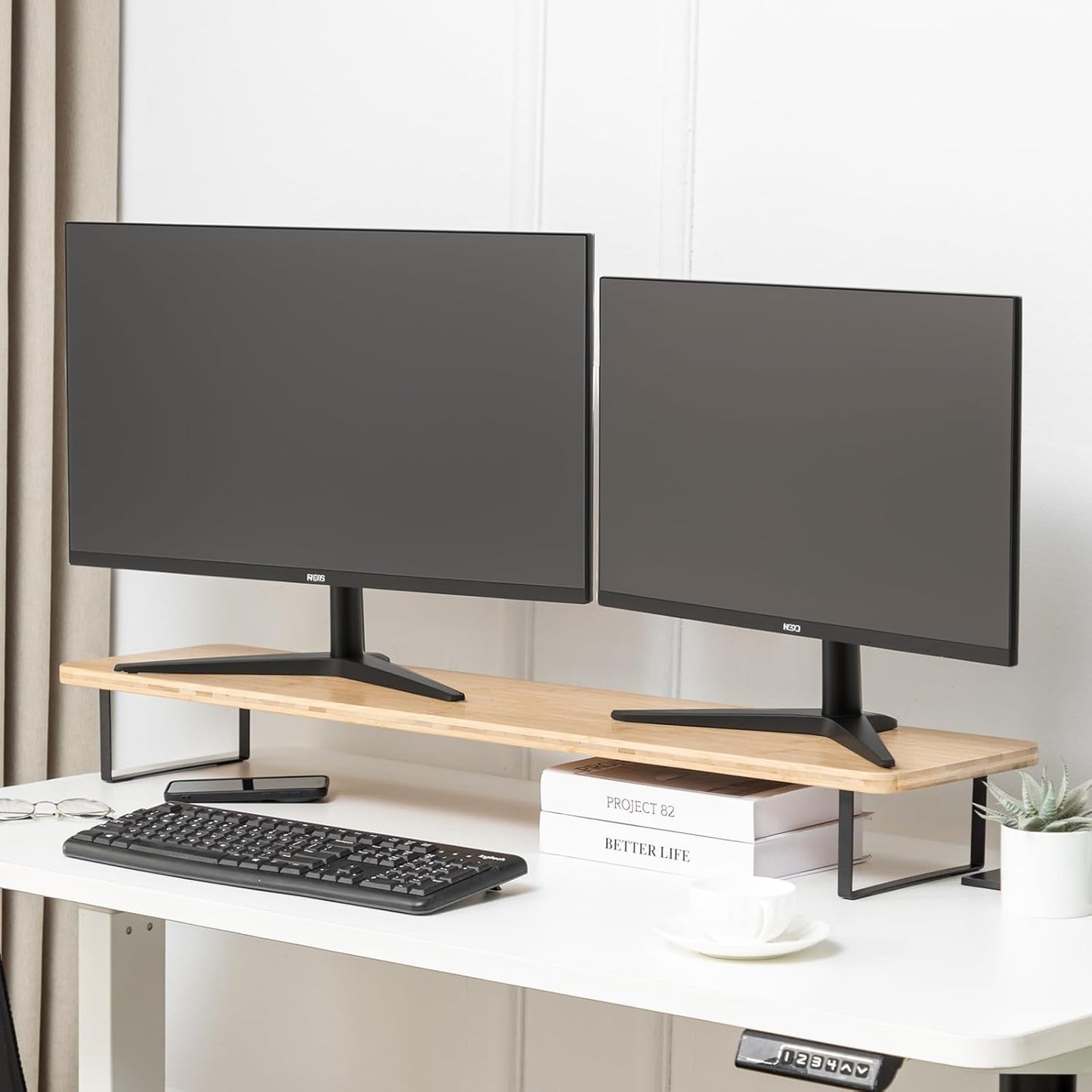 Dual Monitor Stand Riser for 2 Screens - Natural Bamboo Design
