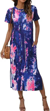 Naggoo Women's Short Sleeve Split Maxi Dress with Pockets