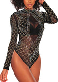 SEBOWEL Women Long Sleeves Mesh See Through Jumpsuit Bodysuit