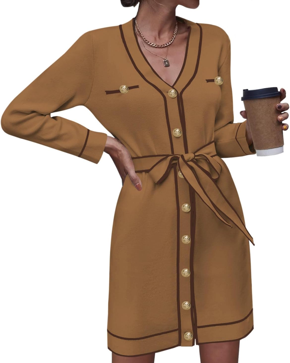 Pink Queen Women's Long Sleeve Button Down Sweater Dress