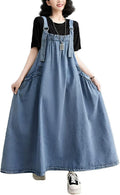 Denim Jumper Dress for Women Loose Baggy Maxi Length - Adjustable This