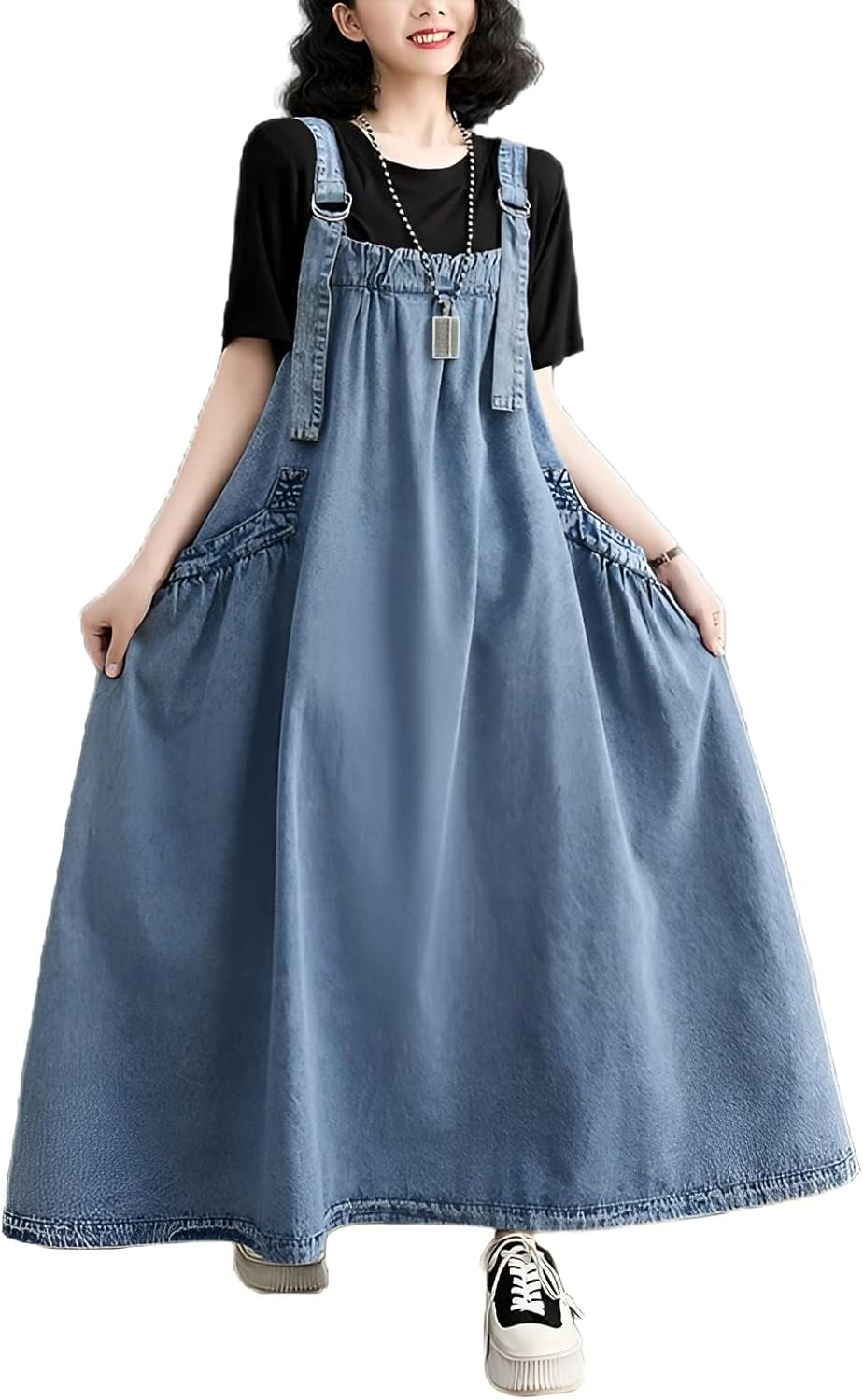 Denim Jumper Dress for Women with Adjustable Straps and Pockets