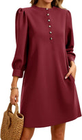 Wenrine Womens 3/4 Puff Sleeve Mini Dress Button Crewneck