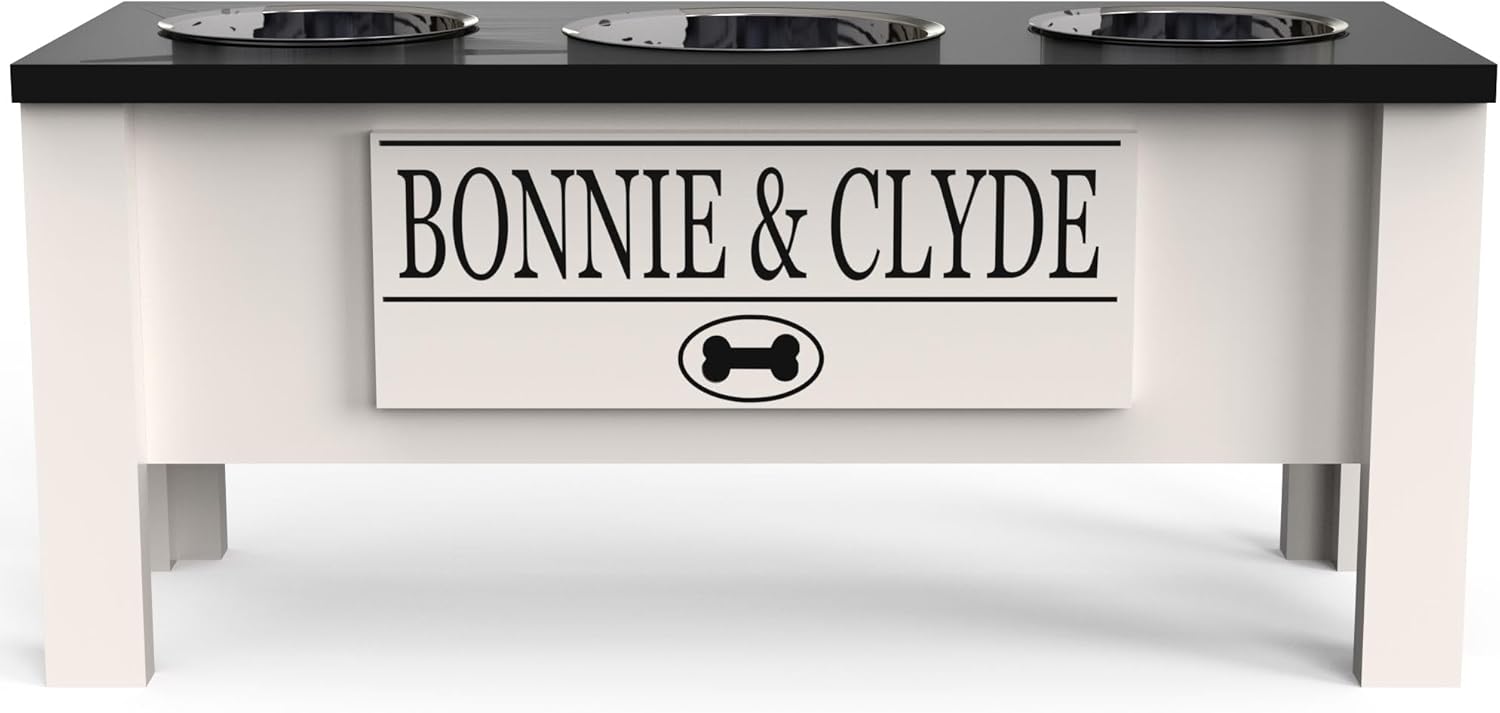 Personalized Elevated Triple Dog Bowl Stand with Storage for Pets