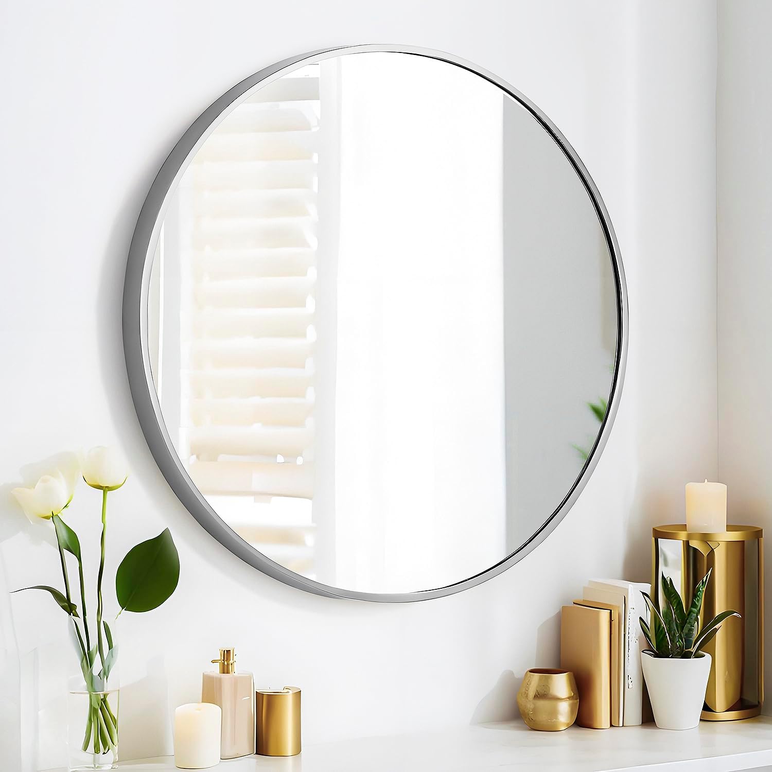24 Inch Round Mirror with Metal Frame for Modern Home Decor
