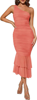 One Shoulder Midi Dress - Flattering Mesh Ruched Bodycon Midi Dress