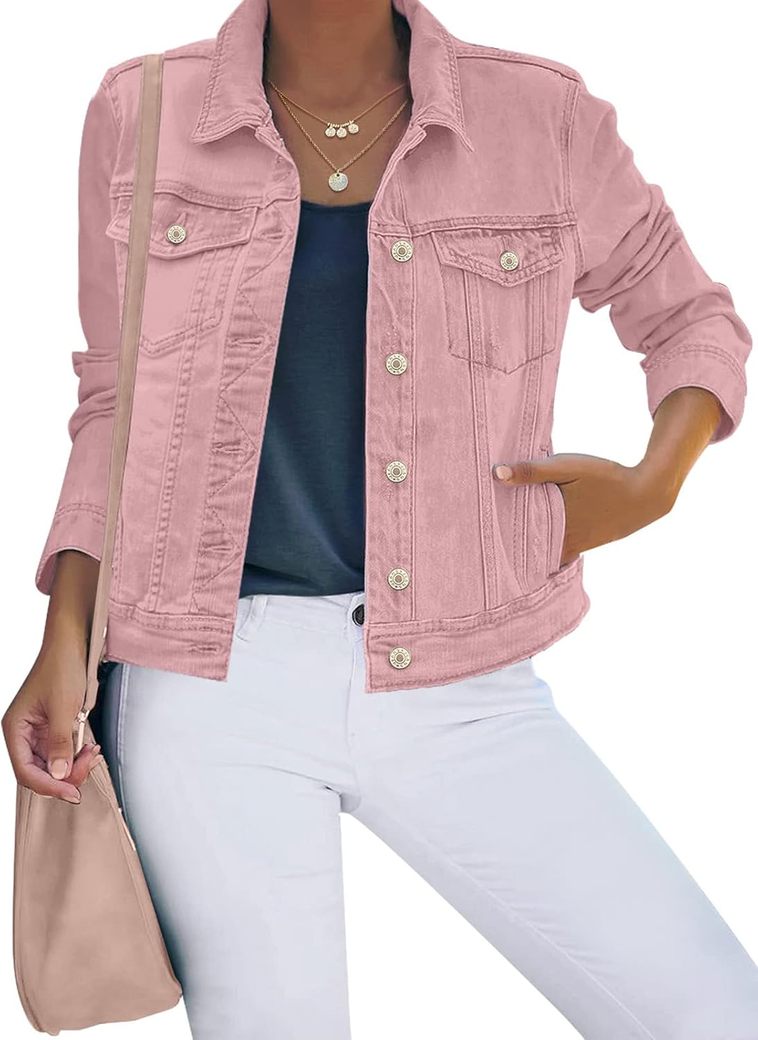 Luvamia Women's Basic Button Down Stretch Fitted Denim Jacket