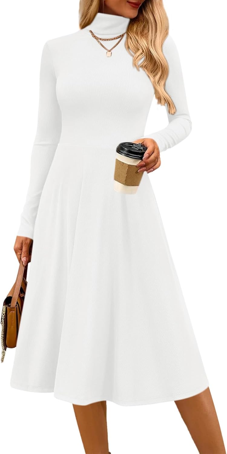 CFLONGE Women's Casual Ribbed Knit High Neck Dress for Fall