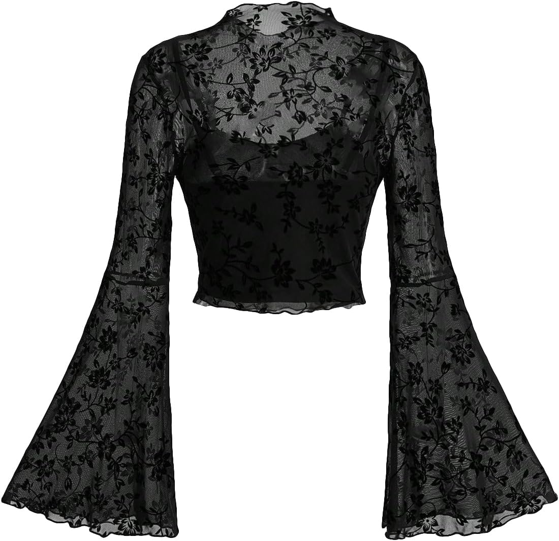 Gothic Y2K Mesh Long Bell Sleeve Crop Top for Stylish Outfits