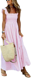 chouyatou Women's Retro Plaid Smocked Dress - Flounce Midi