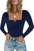 Chunpin Womens Square Neck Notch V Long Sleeve Bodysuit - Flattering