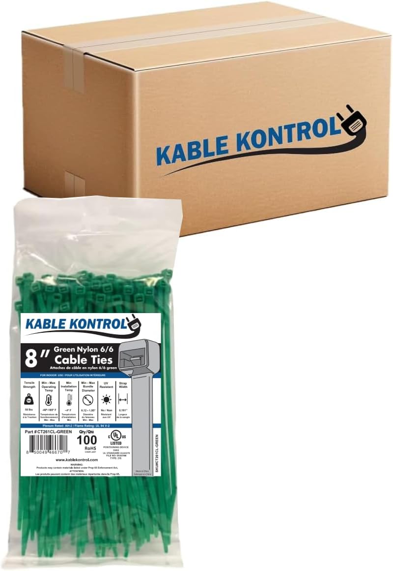 Kable Kontrol Green Zip Ties 8 Inch for Indoor and Outdoor Use