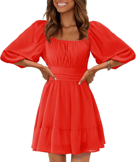 EXLURA Women's Lantern Sleeve Tie Back Summer Dress Review
