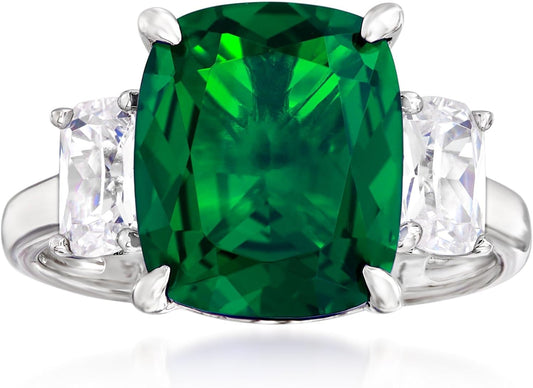 Stunning 6.25 Carat Simulated Emerald 3-Stone Ring in Silver