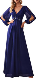 V Neck Long Lantern Sleeve Chiffon A-Line Evening Dress