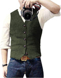 Mens Tweed Waistcoat V Neck Wool Herringbone Vest - Retro Slim Fit