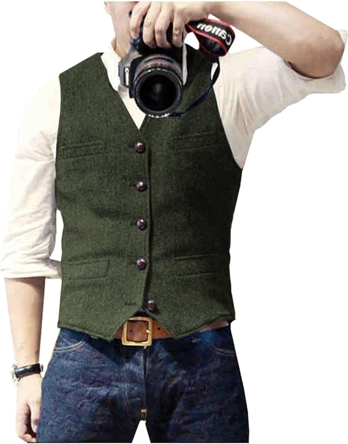 Ceehuteey Mens Suit Vest Waistcoat Tweed Retro V Neck Wool Herringbone