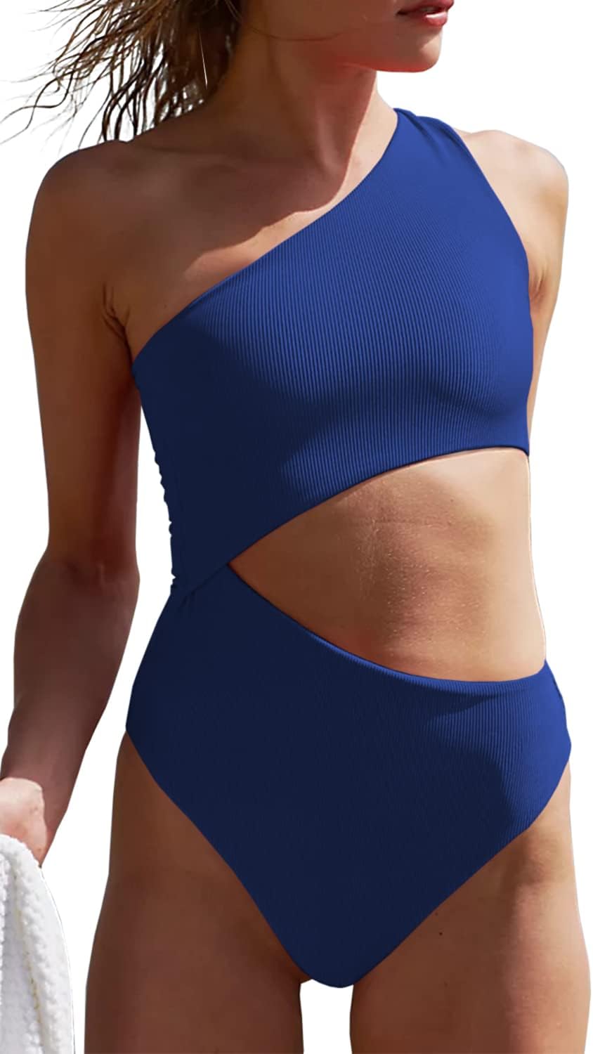 Women's One Piece Ribbed Swimsuit with Cutout Design for Summer