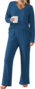 Ribbed Knit Pajama Set for Women - V Neck 2-Piece Loungewear