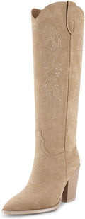 ISNOM Women's Cowgirl Knee High Boots - Embroidered Western Style