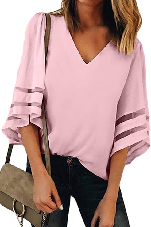 BLENCOT Womens 3/4 Bell Sleeve Fashion V Neck Lace Blouse