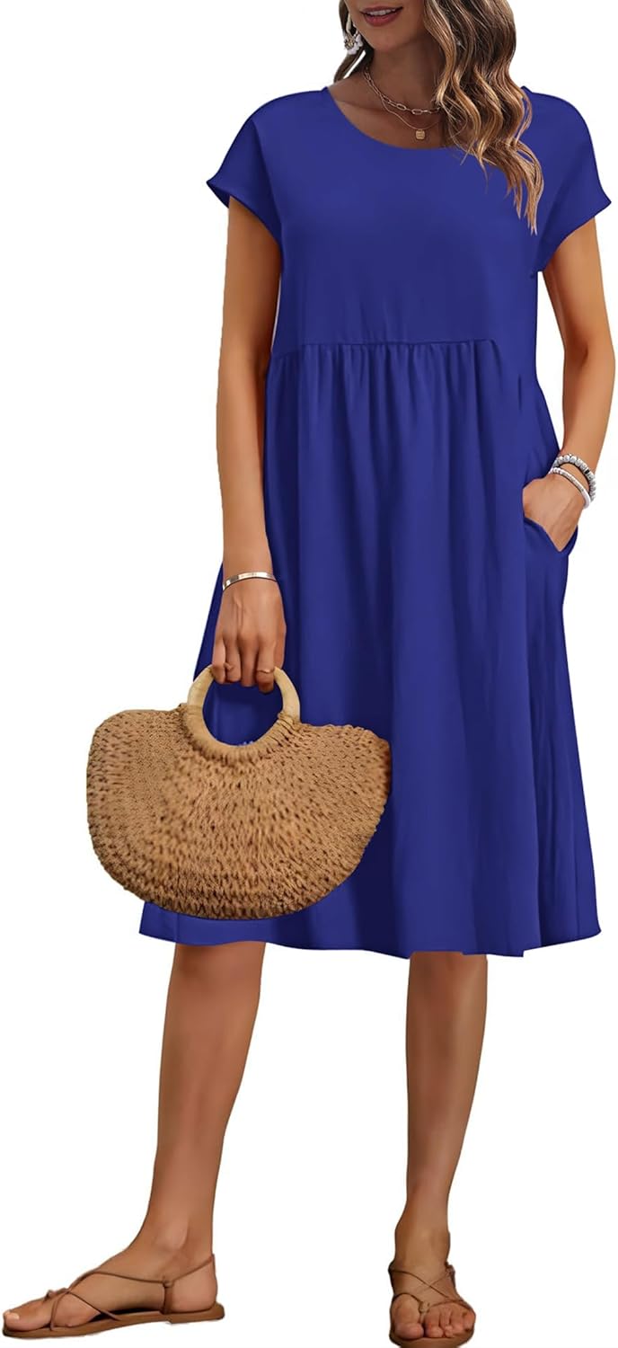 AUSELILY Women's Summer Short Sleeve Knee-Length Dresses with Pockets