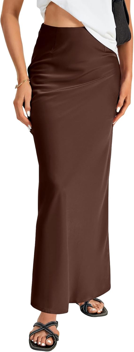 Elegant Satin Silky High Waist A Line Maxi Long Skirt for Women