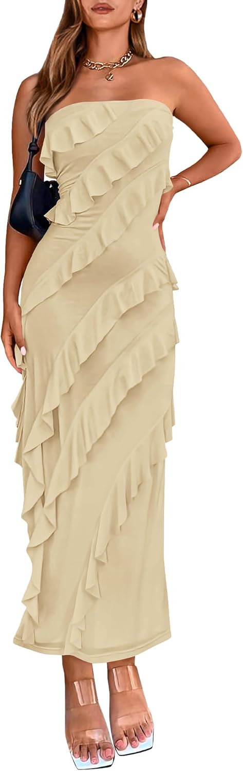 Elegant Strapless Midi Ruched Bodycon Dress for Women