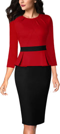 Pleated Crew Neck Peplum Work Bodycon Pencil Sheath Dress - Flattering