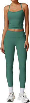 Womens Cross Back Workout Set - High Waist Leggings & Tank