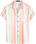 Mens Striped Summer Shirt Casual Button Down Short Sleeve - Breathable