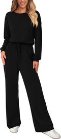 dowerme Women One Piece Jumpsuit Scoop Neck Long Sleeve - Flowy Fit