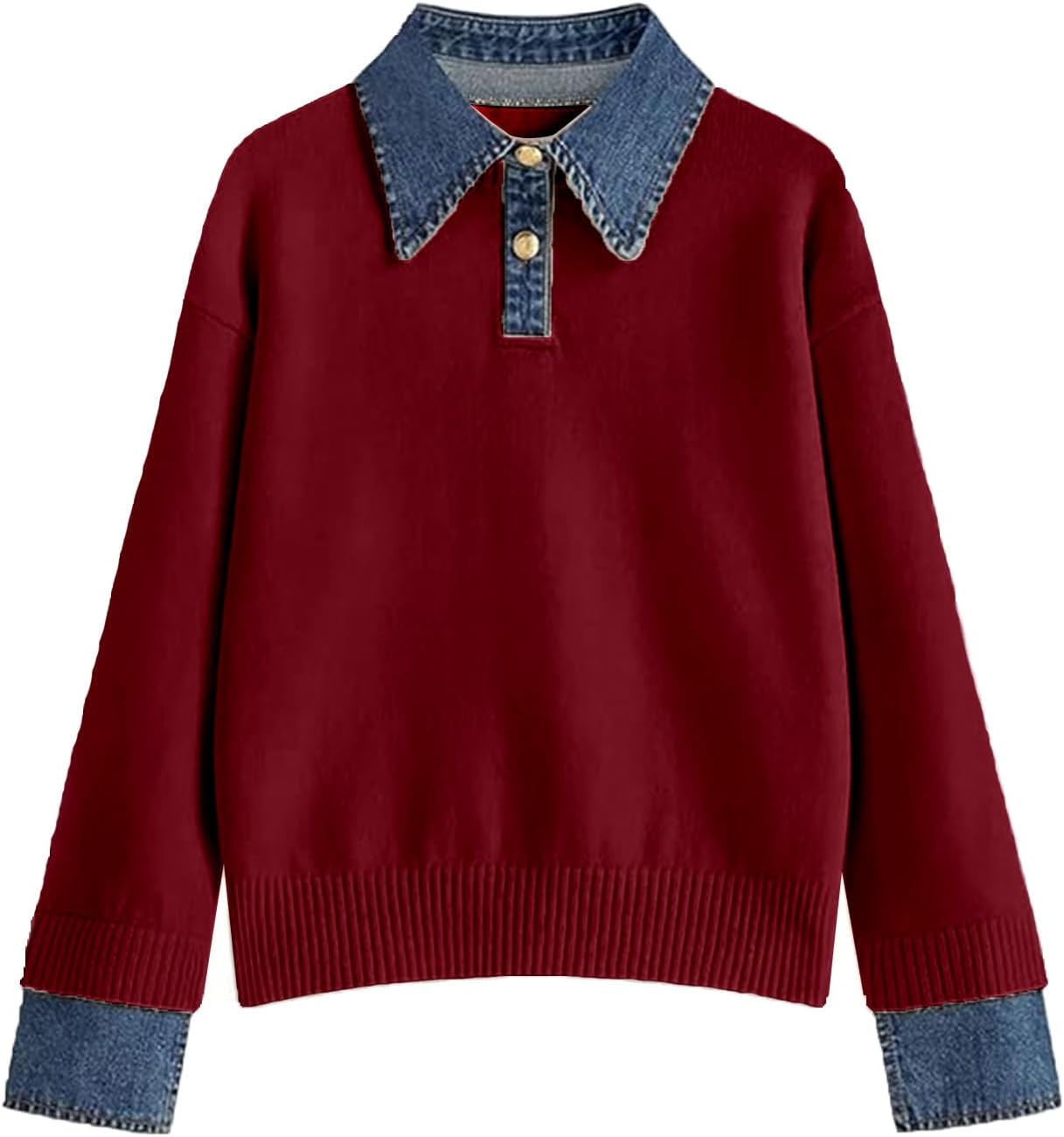 Womens Fall Oversized Long Sleeve Sweaters with Denim Collar