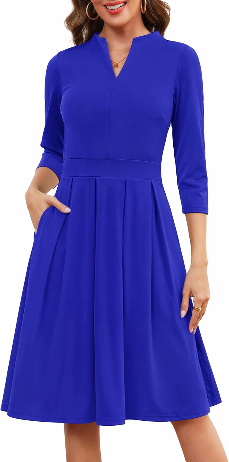Zattcas Women 3/4 Sleeve Vneck Fall Midi Dress with Pockets