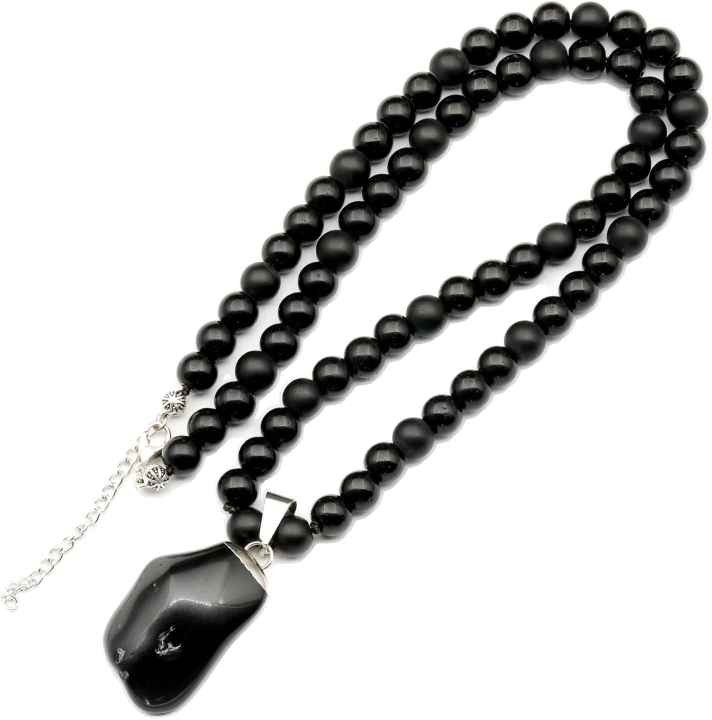 Natural Raw Tourmaline Pendant and Black Onyx Beaded Necklace