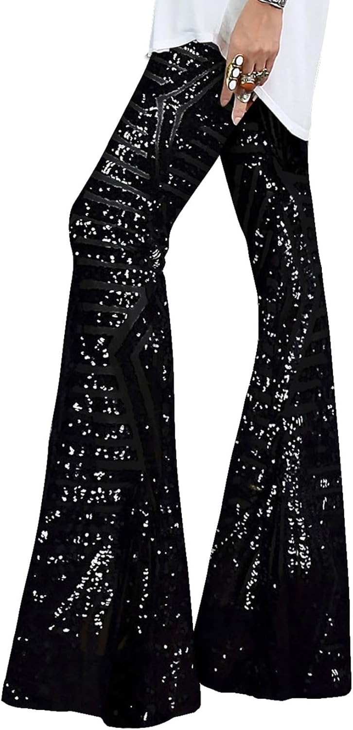 EVALESS Women Sequin Pants Sparkly Glitter High Waisted Flare