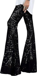EVALESS Women Sequin Pants Sparkly High Waisted Wide Leg Flare Jewelry