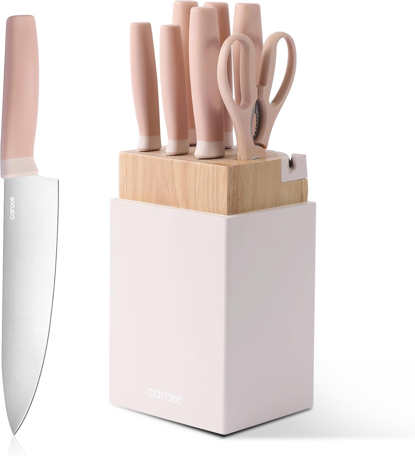 CAROTE 9 Pieces Kitchen Knife Block Set with Sharpener in Pink