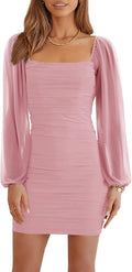 Ofenbuy Women's Mesh Long Sleeve Square Neck Ruched Mini Dress - Sleek