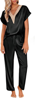 Silk Pajamas Set Womens Lace V Neck Satin Short Sleeve and Long Pant