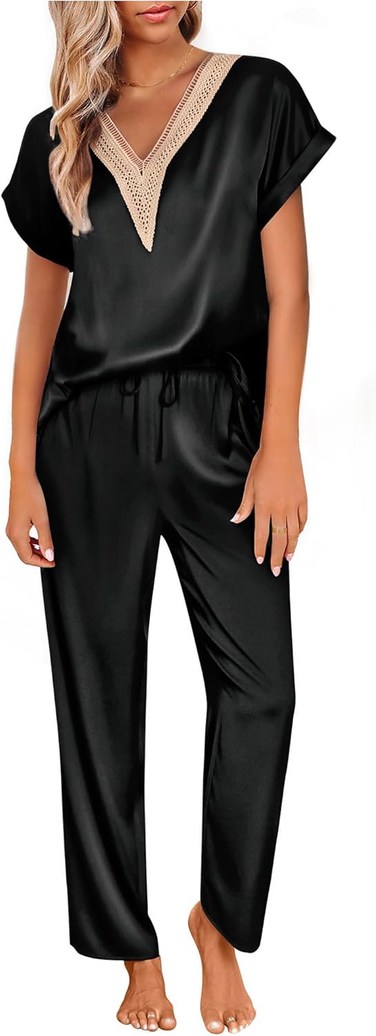 Ekouaer Silk Pajamas Set for Women - Stylish Lace V Neck PJs