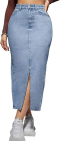 Women's Casual Slit Denim Midi Jean Skirt Stretch High Waisted CaniBtr