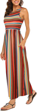Women's Striped Sleeveless Flowy Maxi Dress with Pockets - Comfortable