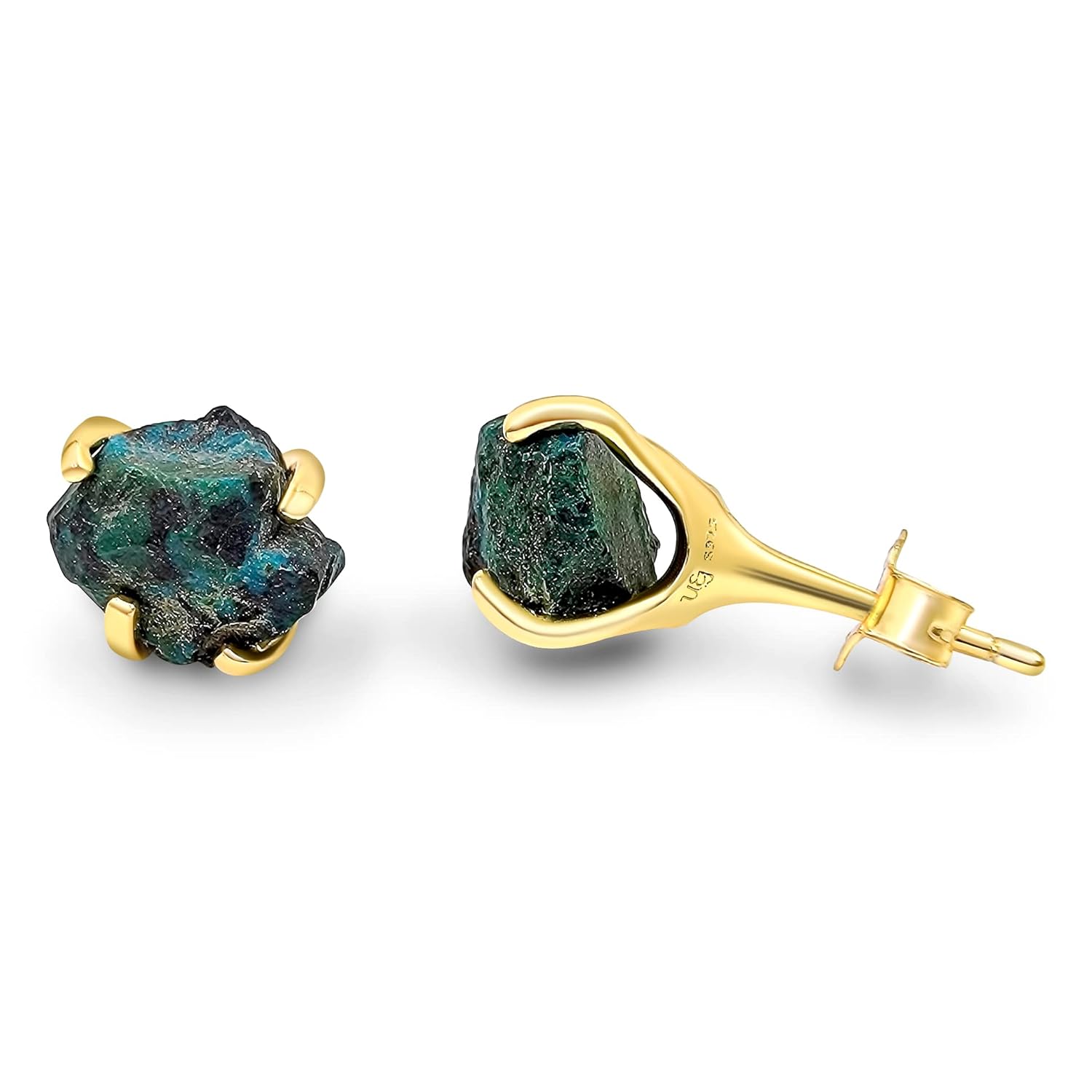 Natural Raw Chrysocolla Stud Earrings in Yellow Gold Over Silver