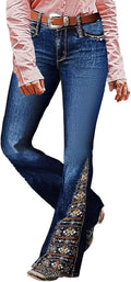 Flamingals Women's Floral Embroidery Mid Waist Bootcut Jeans - High