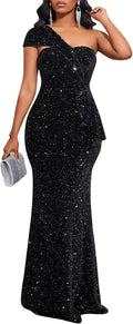 Cololura Sequin One Shoulder Mermaid Bodycon Evening Maxi Dress