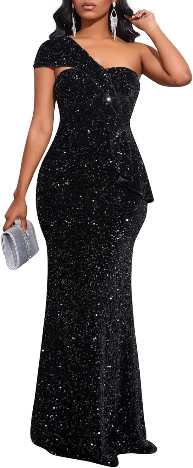 Cololura Women Sexy Sequin One Shoulder Mermaid Maxi Dress