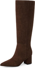 Brown Suede Knee High Boots for Women Chunky Heel Pointed Toe