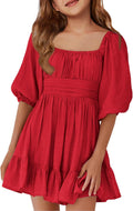 Girls Square Neck Tie-Back Ruffle A-Line Summer Mini Dress