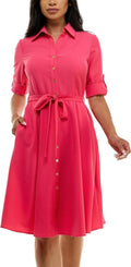 Womens Button Front Pleated Shirt Dress - 3/4 Sleeve Classic Fit